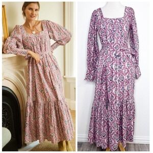 Ophelia & Indigo Womens Mabel Maxi Dress Size XS Pink Long Sleeve Cotton Prairie
